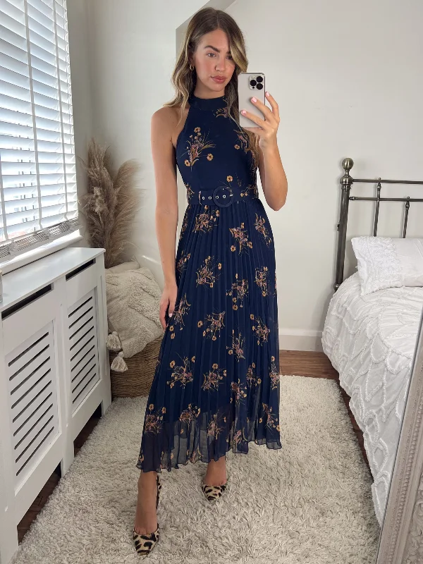Mega Deal Luisa Belted Pleated Maxi Dress / Navy Floral Print