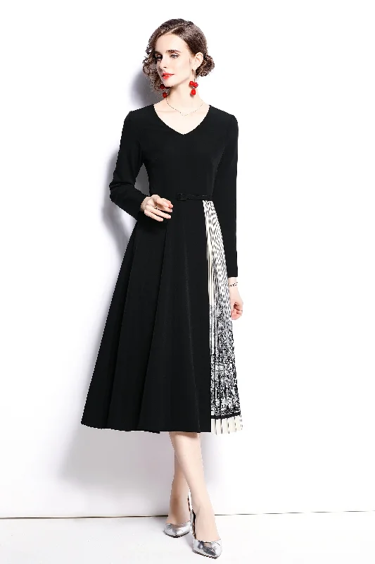 Price Fest Black & White Office A-line V-neck Long Sleeve Below Knee Dress