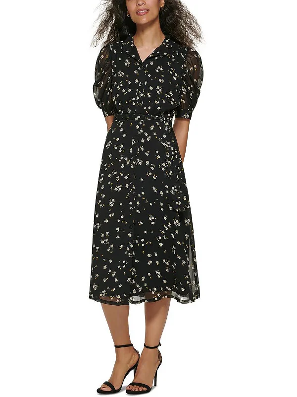 Discount Deals Womens Chiffon Floral Print Midi Dress