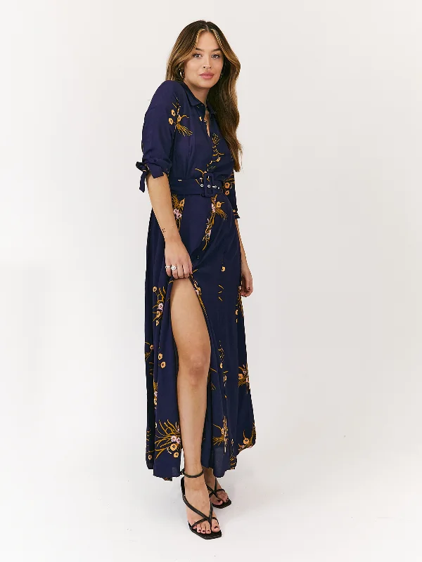 Best Bargains Daphne Belted Shirt Dress / Navy Floral Print
