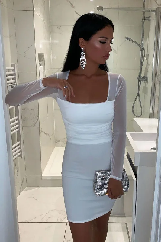 Extra Savings White Ruched Mesh Bodycon Mini Dress - Elysa