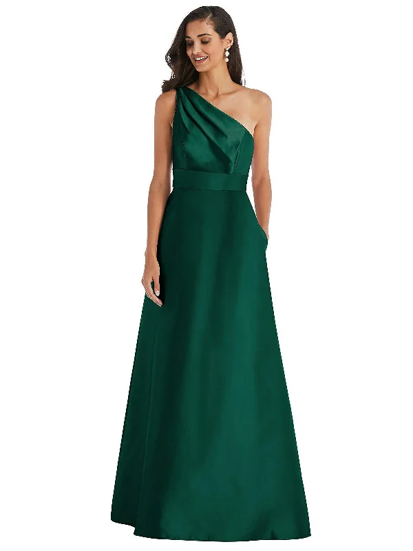 Factory Direct Sale Draped One-Shoulder Satin Maxi Dress with Pockets