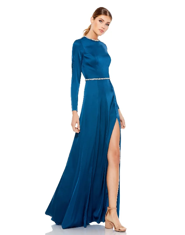 Act Fast Long Sleeve Jewel Trimmed Charmeuse Gown