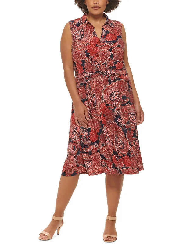 Price Break Plus Womens Paisley Print Twist Front Midi Dress