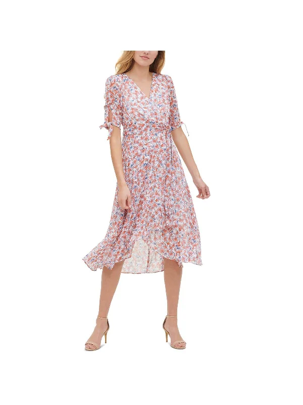 Can't Miss Womens Floral Print Mid Calf Wrap Dress
