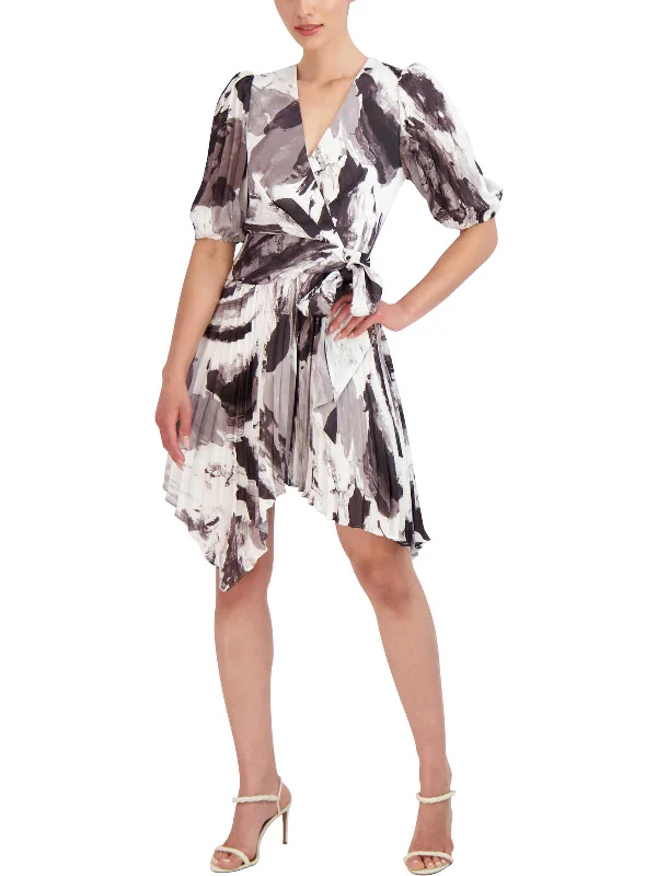 Exclusive Access Womens Faux Wrap Pleated Cocktail and Party Dress