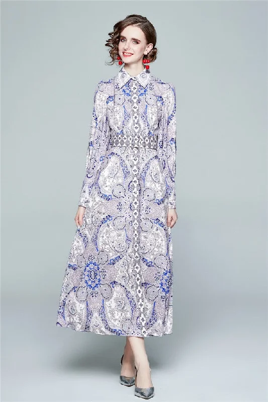 Fantastic Offers Blue Day A-line Shirt Colar Long Sleeve Maxi Printed Dress