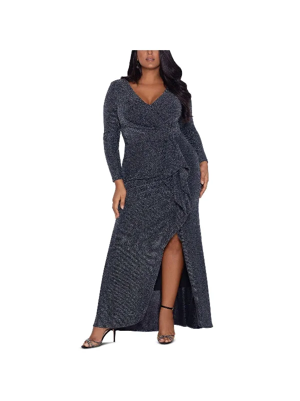 Online Specials Plus Womens Metallic Ruffled Evening Dress