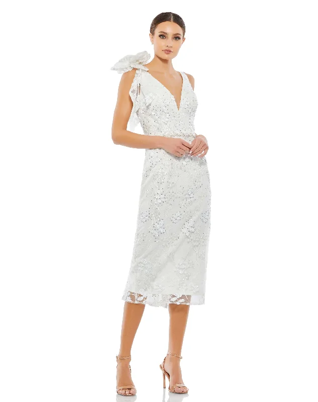 Price Rollback Floral Embellished V-neck Midi Dress with Shoulder Bow