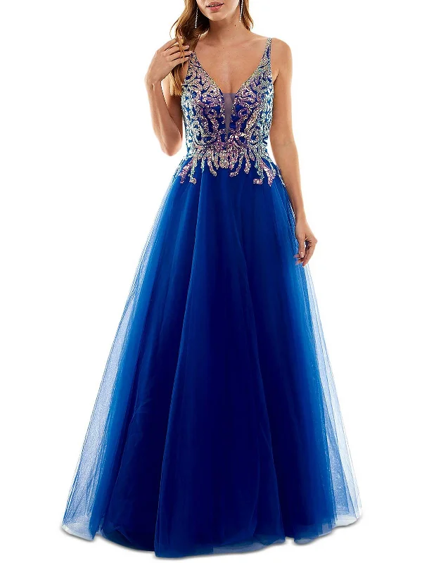 Don't Wait Juniors Womens Mesh Sequined Evening Dress