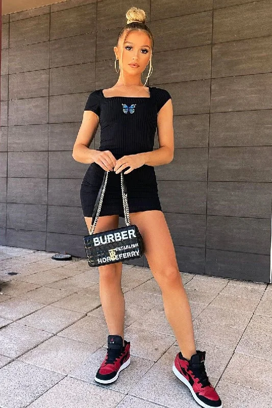 Discount Days Black Ribbed Butterfly Bodycon Mini Dress - Yancy