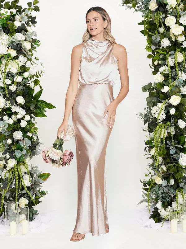 Discount Extravaganza Drape Neck Maxi Satin Dress / Champagne