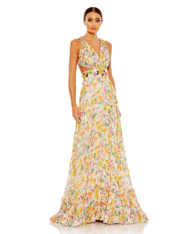 Quick Sale Floral Print Cut Out Lace Up Tiered Gown