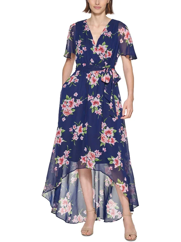 Final Sale Petites Womens Floral V Neck Midi Dress