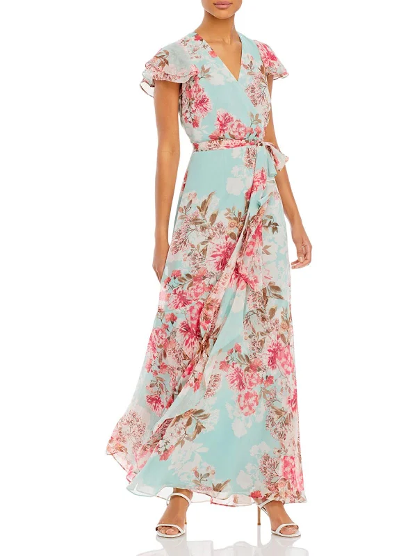 Can't Miss Womens Flutter Sleeve Long Maxi Dress
