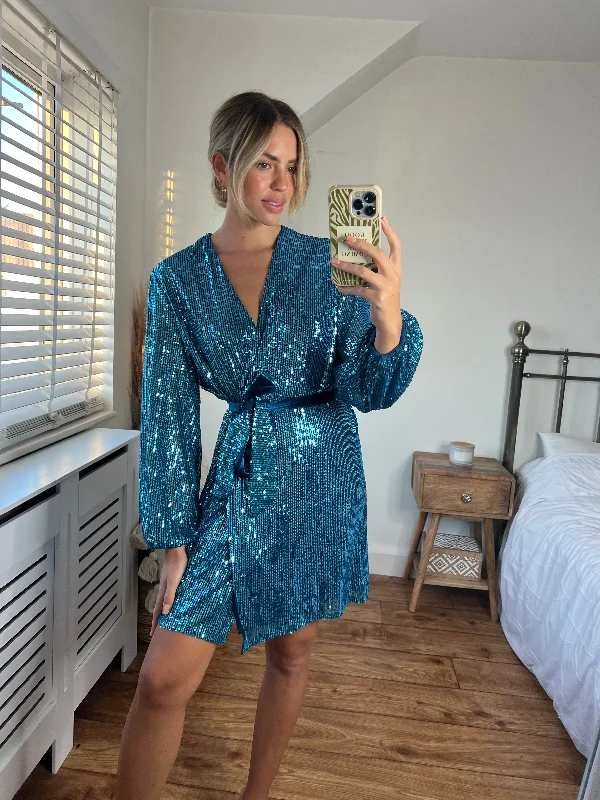 Epic Deals Dani Sequin Wrap Dress / Peacock Blue