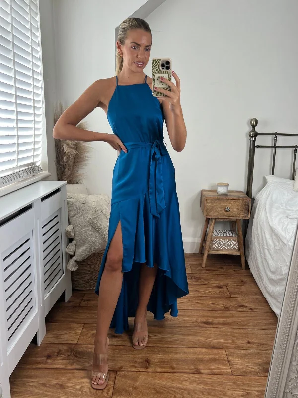 Deep Discounts Fleur High Low Satin Dress / Peacock Blue