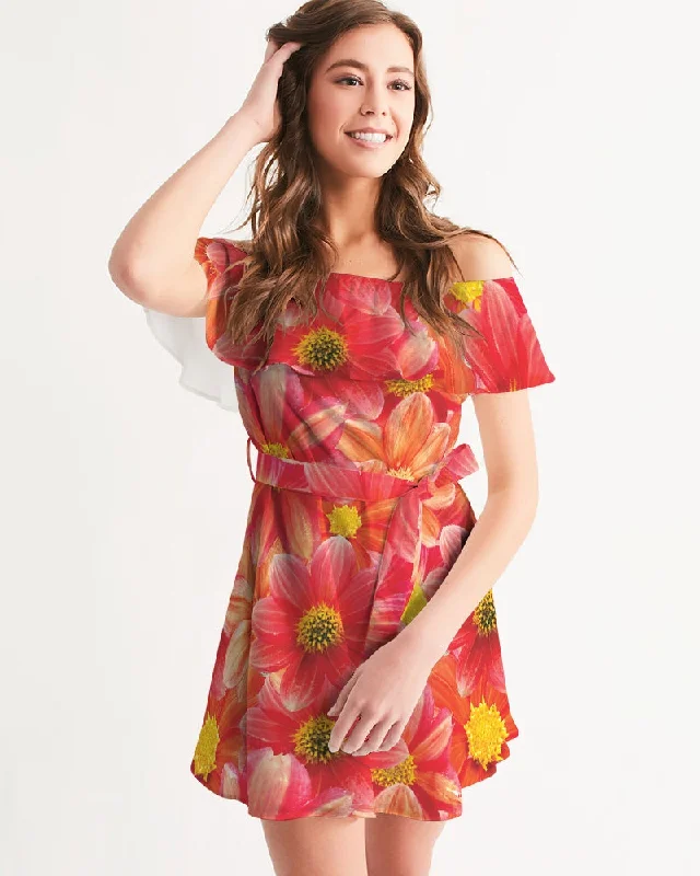 Inventory Reduction Beautiful blood orange flower design Women's All-Over Print Off-Shoulder Dress