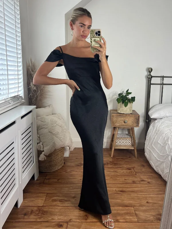Final Markdown Felicity Cold Shoulder Satin Maxi Dress / Black