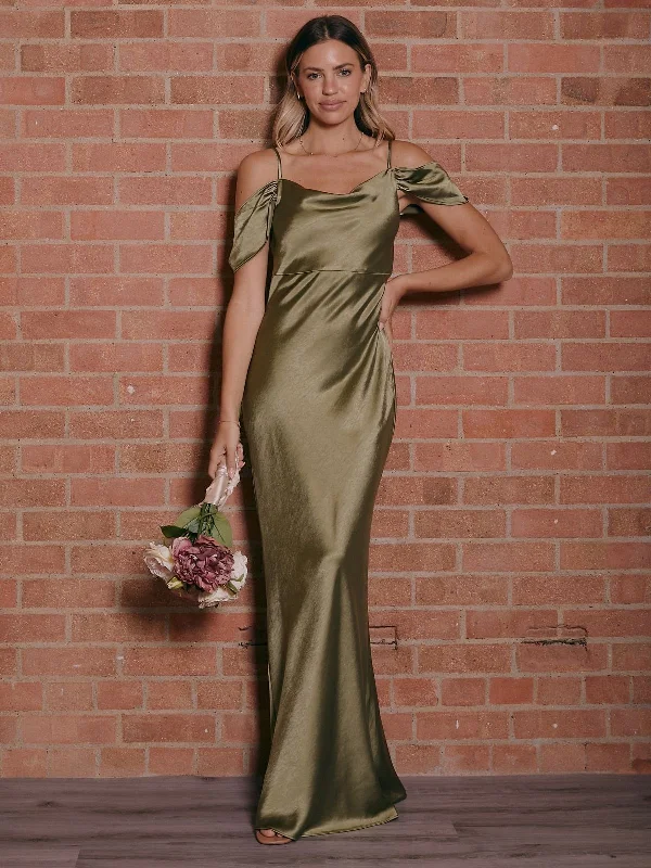 Must-Have Deals Cowl Neck Maxi Satin Bridesmaid Dress / Olive Green