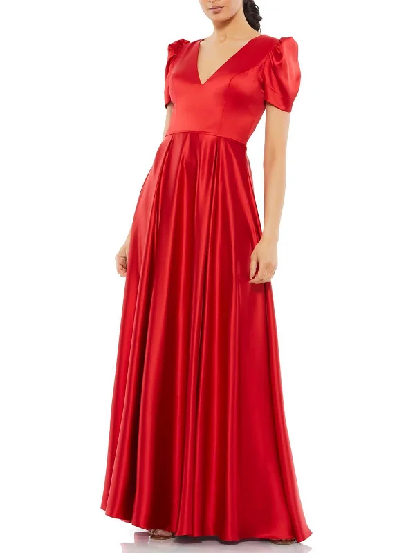 Price Cut Womens Satin Puff Sleeve Evening Dress