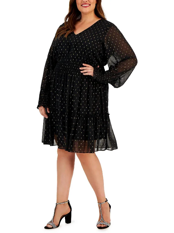 Deal of the Week Plus Womens Chiffon Metallic Fit & Flare Dress