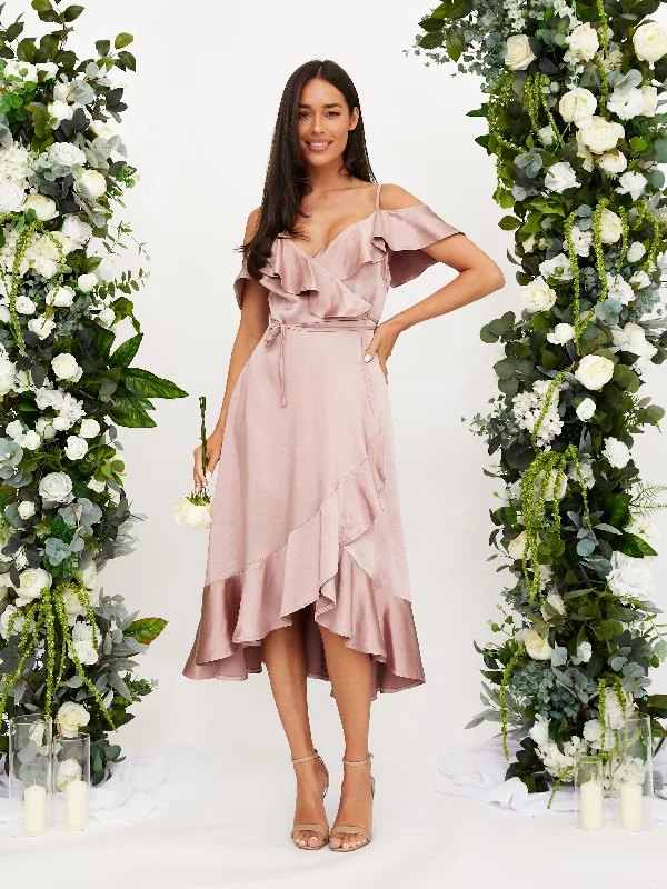 Great Deals Cold Shoulder Midi Wrap Satin Dress / Blush