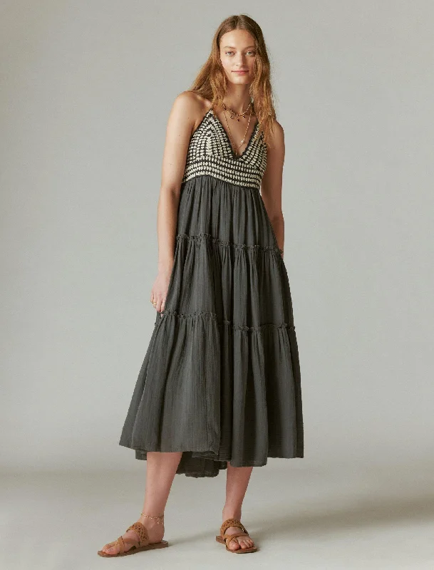Savings Bonanza Lucky Brand Women's Crochet Trim Maxi Dress