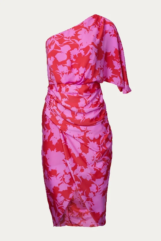 Limited Availability One-Shoulder Draped Asymmetric Dress In Berry Multi