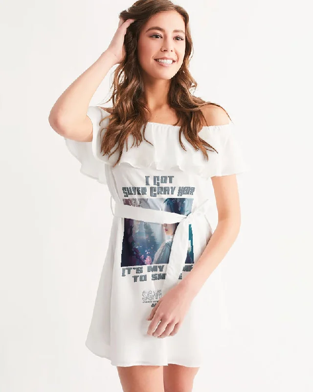 Deal Zone Asian sister with silver grey hair Women's All-Over Print Off-Shoulder Dress