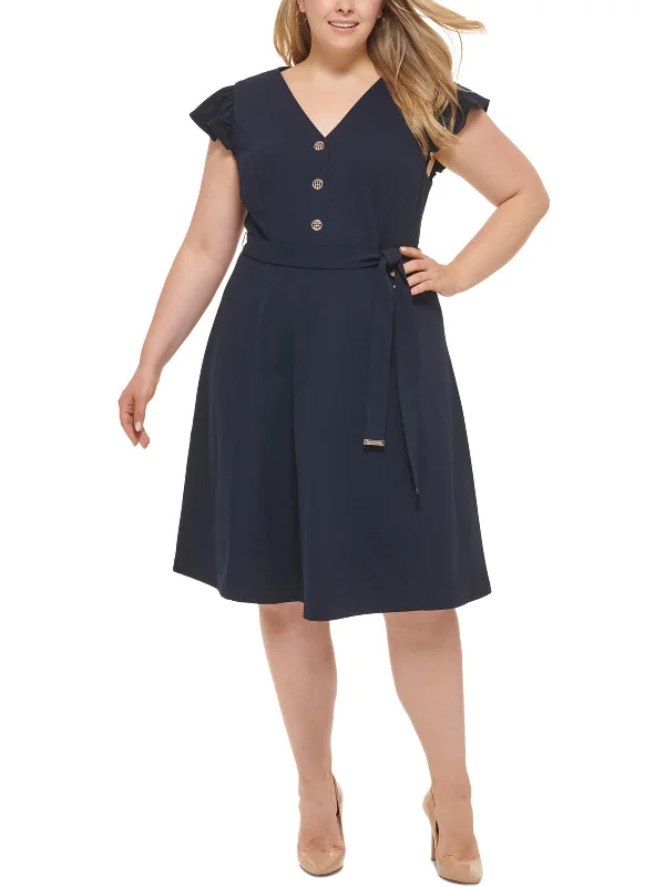 Markdowns Plus Womens Knit Ruffle Sleeves Cocktail and Party Dress