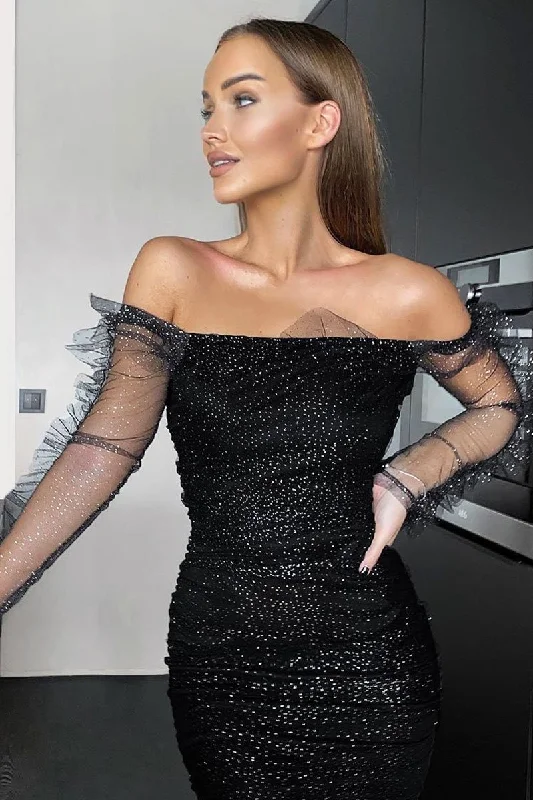 Special Promotion Black Sparkle Mesh Ruched Bodycon Dress - Idell