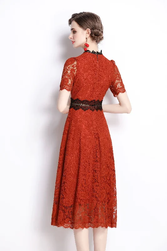 Price Rollback Brown Evening A-line Crewneck Short Sleeve Midi Lace Dress