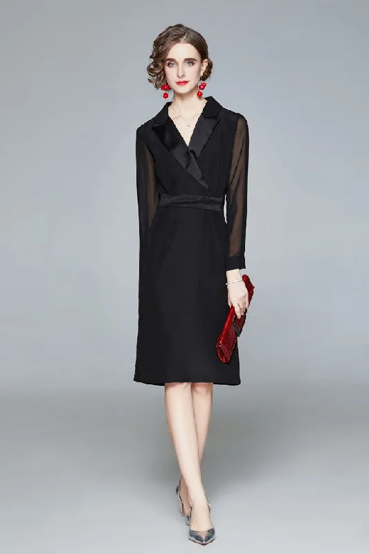 Limited Stock Black ?ocktail A-line Notch Lapel Long Sleeve Knee Dress
