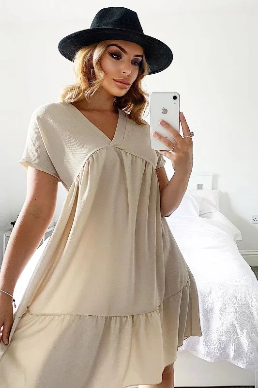 Huge Discounts Beige Plunge Smock Dress - Cambriella