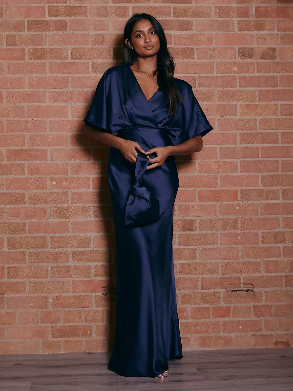 Act Fast Angel Sleeve Maxi Satin Dress / Navy