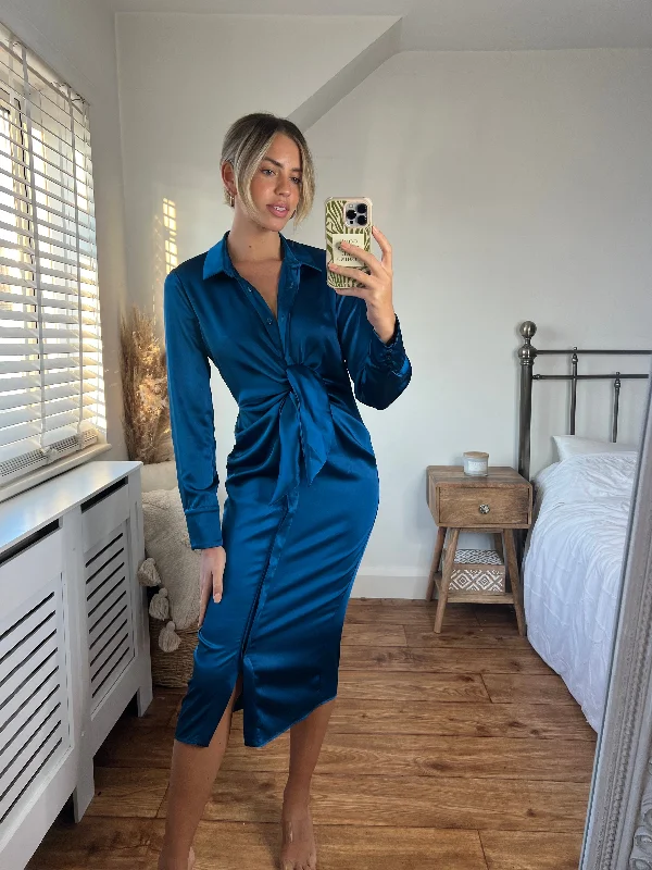 Epic Deals Cassie Tie Front Midi Dress / Peacock Blue