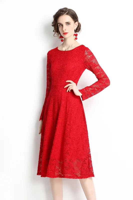 Limited Time Red Evening Lace A-line Boatneck Long Sleeve Midi Classic Dress