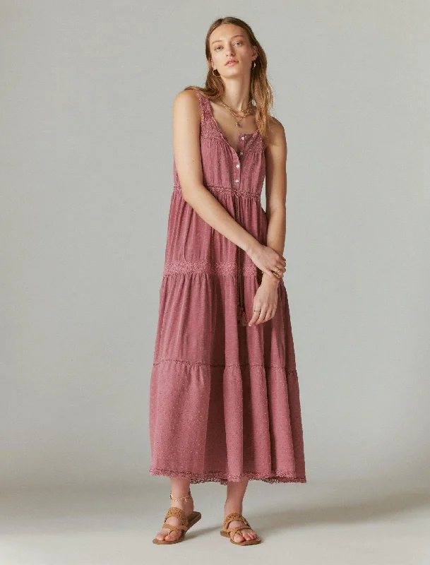 Special Discount Lucky Brand Women's Lace Tiered Knit Maxi Dress