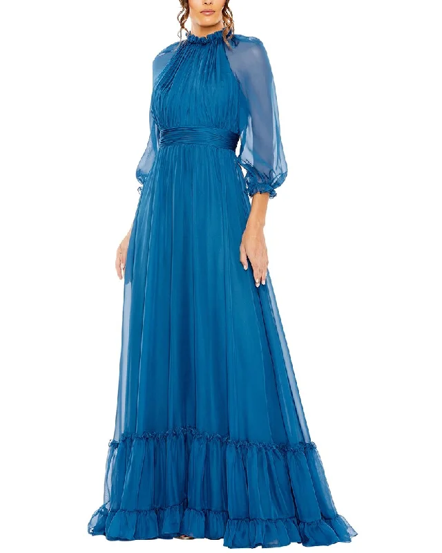 Weekend Deal Mac Duggal Chiffon Ruched Illusion Raglan Sleeve Ruffled Gown