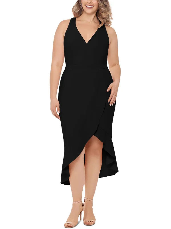 Year-End Sale Plus Womens Ruffled Calf Midi Dress