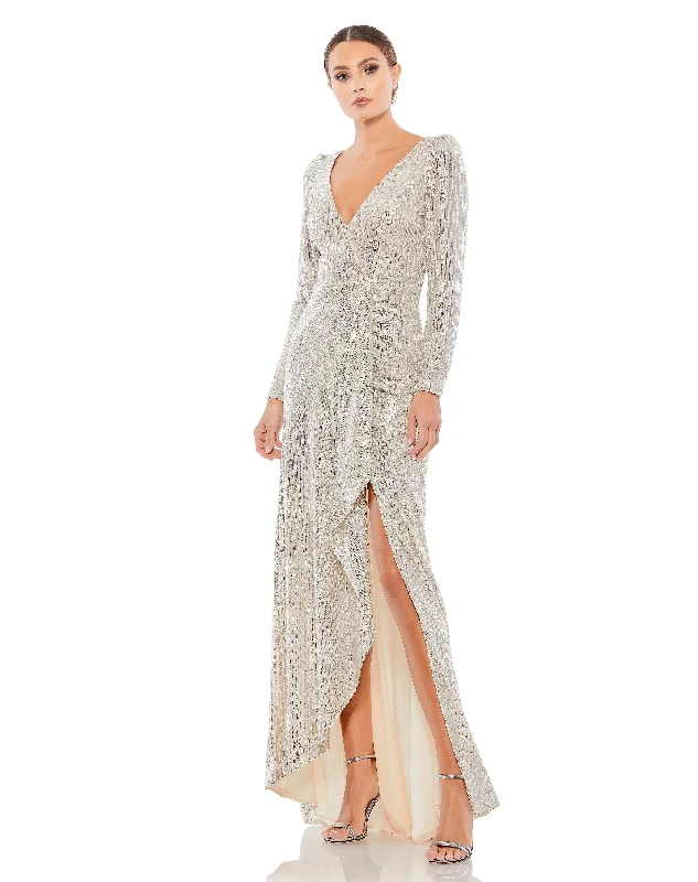 Time-Limited Offer Sequined Faux Wrap Long Sleeve Gown