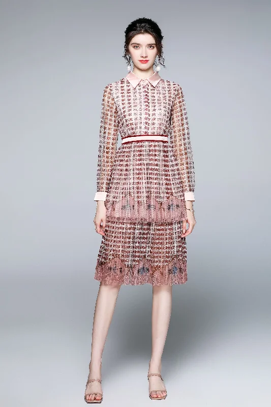 Quick Sale Pink & Wine red Day A-line Shirt Colar Long Sleeve Knee Printed Dress