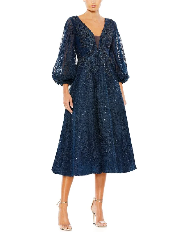 Deal Explosion Mac Duggal Embellished Plunge Neck Bishop Sleeve Dress
