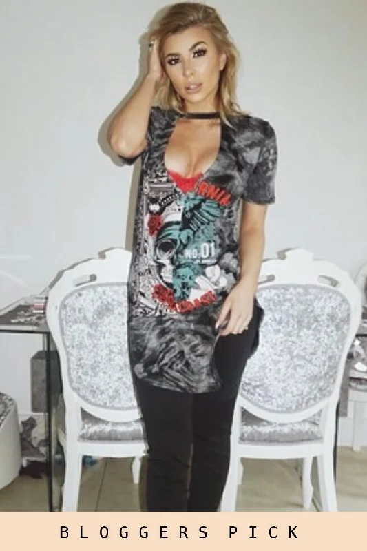 Savings Galore Black Acid Wash Cut Out Graphic Print T-Shirt Dress - Savannah