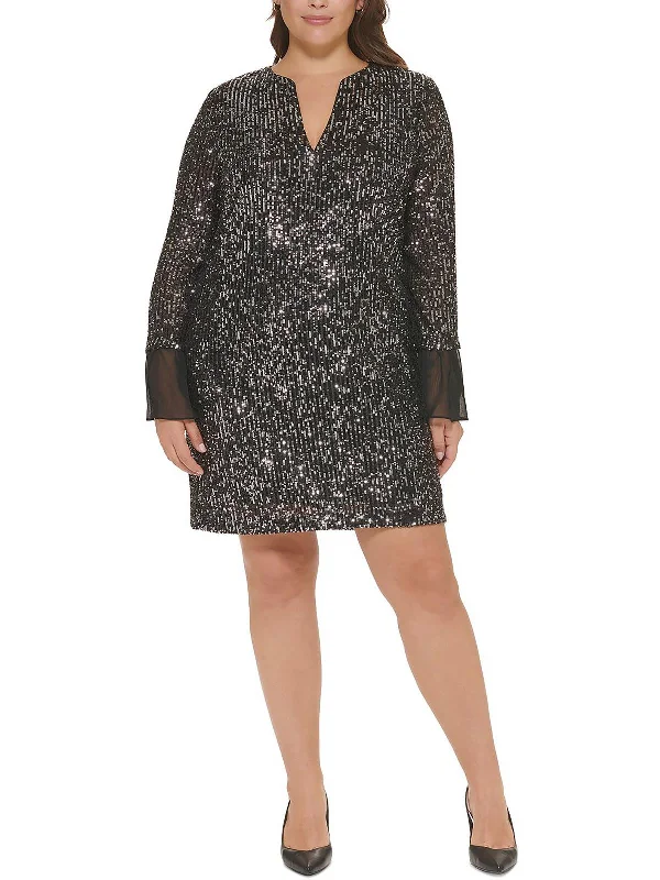Midnight Madness Plus Womens Sequined Mini Sheath Dress