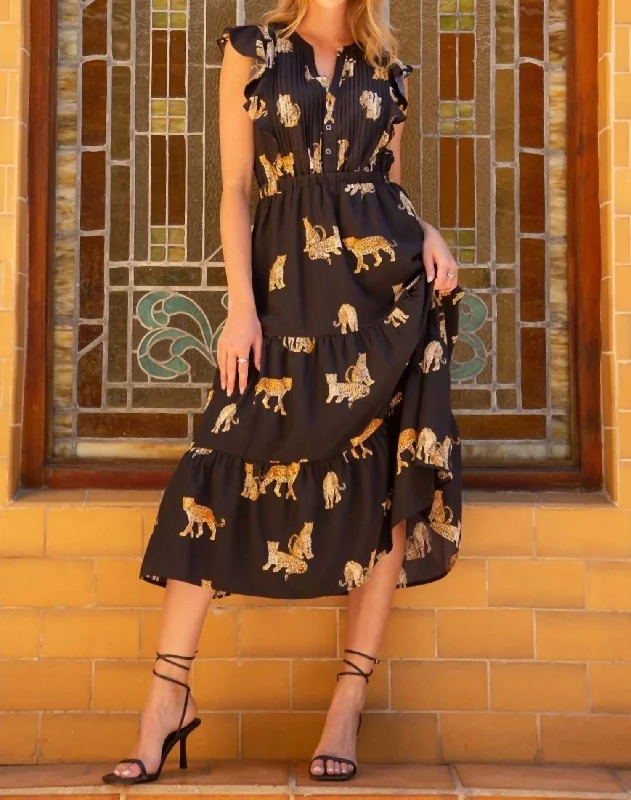 Big Discounts Flutter Sleeve Cheetah Print Dress In Black