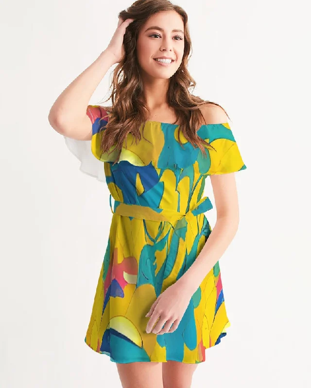 Deep Discounts Beautiful yellow and blue hint of red pattern Women's Off-Shoulder Dress