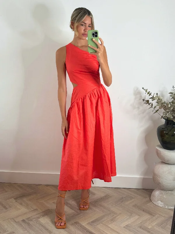 Buy More, Save More Jasmine Cut Out One Shoulder Dress in Coral