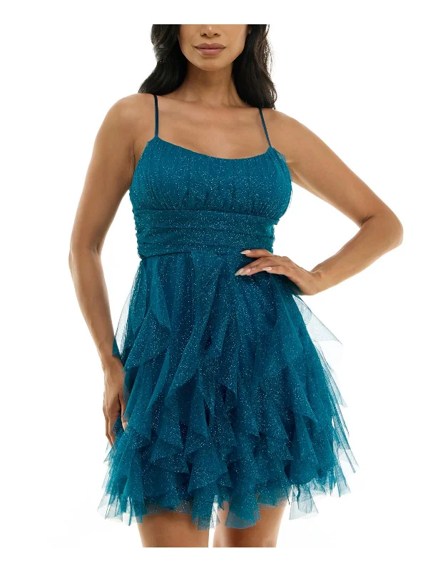 Price Cut Juniors Womens Corkscrew Ruffles Gathered Cocktail and Party Dress